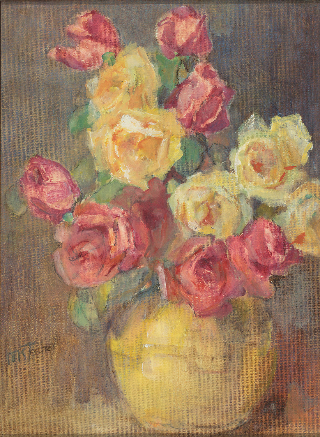 Red and Yellow Roses in a Pottery Vase Original Artwork