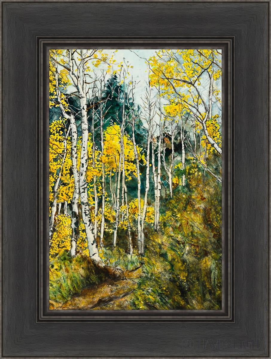 the golden wood by liz lindsay mountainside with aspen trees in