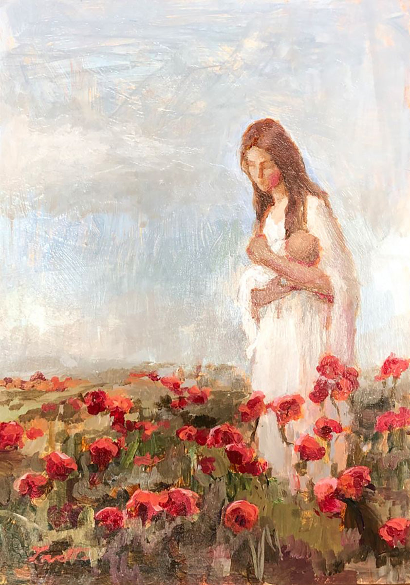 Mother and Babe in a Field of Poppies Original Artwork