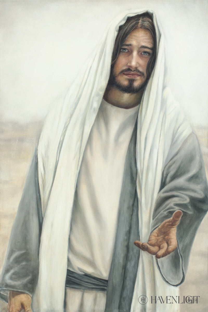 Come Unto Me By Stacey Abts Jesus Christ Gray Robe White Hood Reaching 