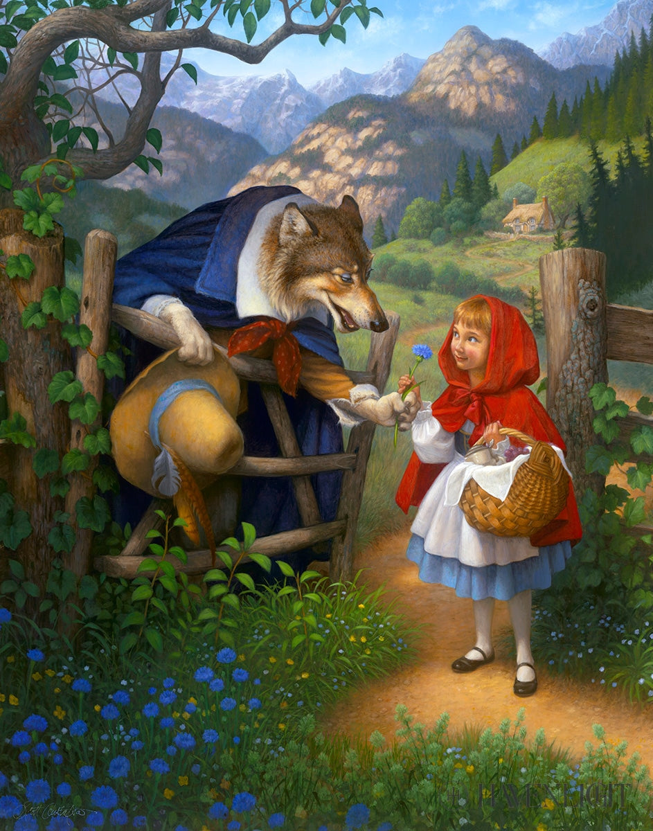 Scott Gustafsons Little Red Riding Hood Meets The Wolf on her to her grandmothers house where he suggests she picks some flowers to give to grandmother – Havenlight.com