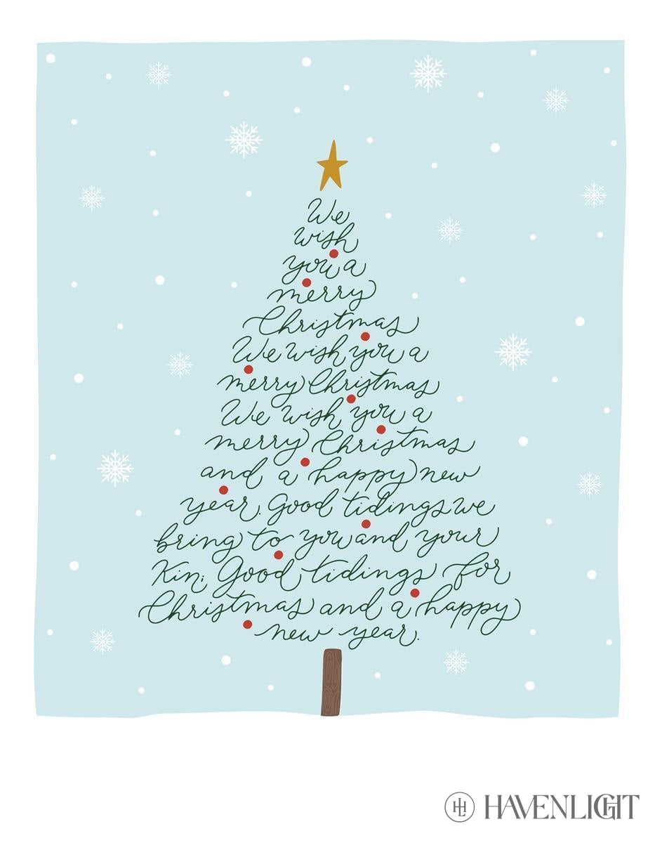 We Wish You A Merry Christmas by Elise Gomez Christmas tree formed by the  words of the song Gold star on top Snow flakes light blue background –