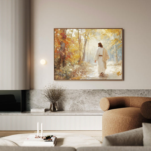 Modern christian fall art of jesus walking down a fall themed path.