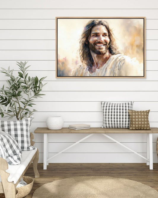 Modern picture of Jesus smiling, looking away, displayed in a cozy home setting.