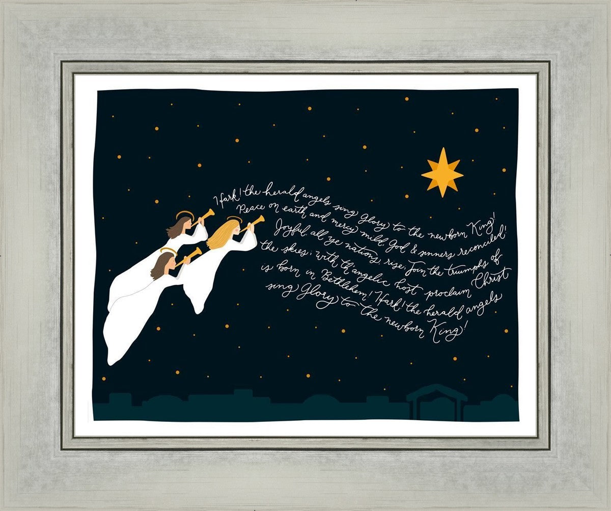 Hark The Herald Angels Sing by Elise Gomez 3 women angels with trumpets and  halos words of the song christmas star many stars dark sky night –  Havenlight, image size:1200x1003
