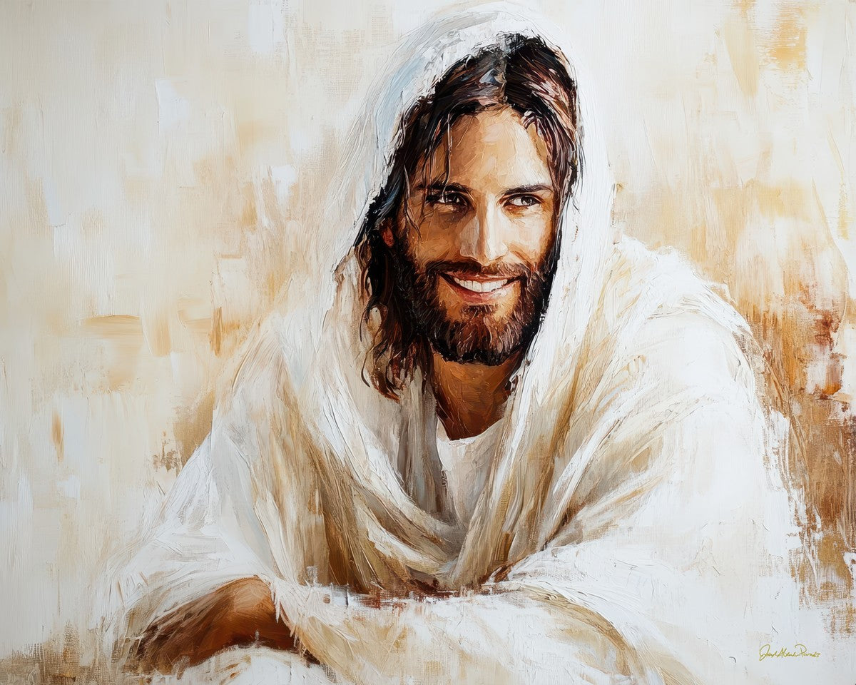 Have Joy by Joseph Alexander Paradis Image of Jesus Christ smiling in a  white robe against a tan and white background, image size:1200x960