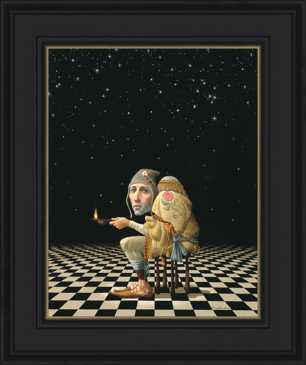 One Light by James Christensen features a humpback man sitting on