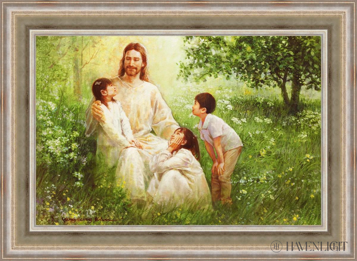 Christ With Asian Children Open Edition Canvas / 36 X 24 Colonial Silver Metal Leaf 44 3/4 32 Art