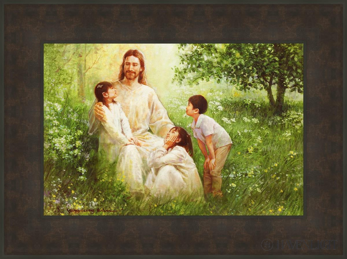 Christ With Asian Children Open Edition Canvas / 24 X 16 Bronze Frame 31 3/4 23 Art