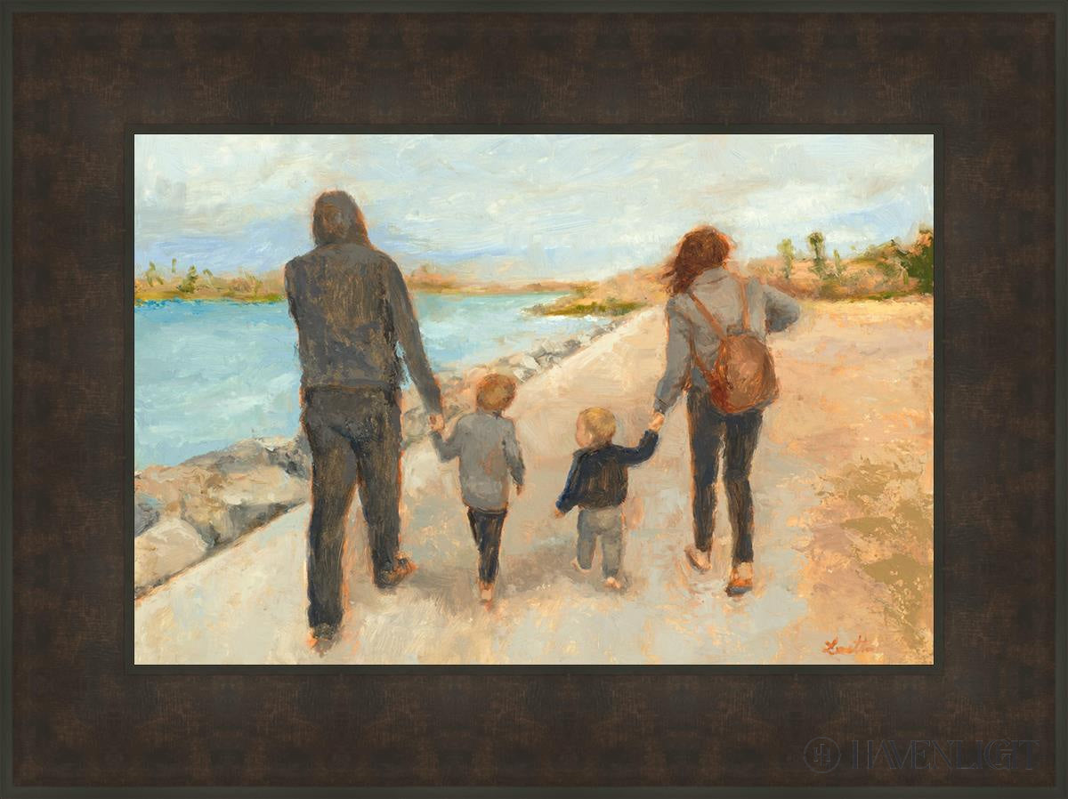 Family Walk On The Beach Open Edition Canvas / 24 X 16 Bronze Frame 31 3/4 23 Art