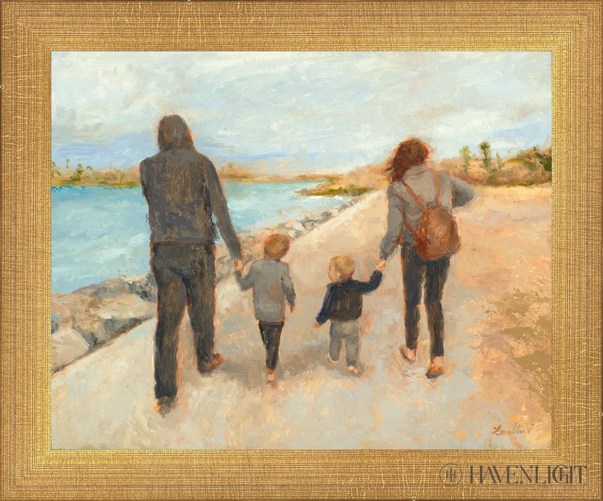 Family Walk On The Beach Open Edition Print / 10 X 8 Matte Gold 11 3/4 9 Art
