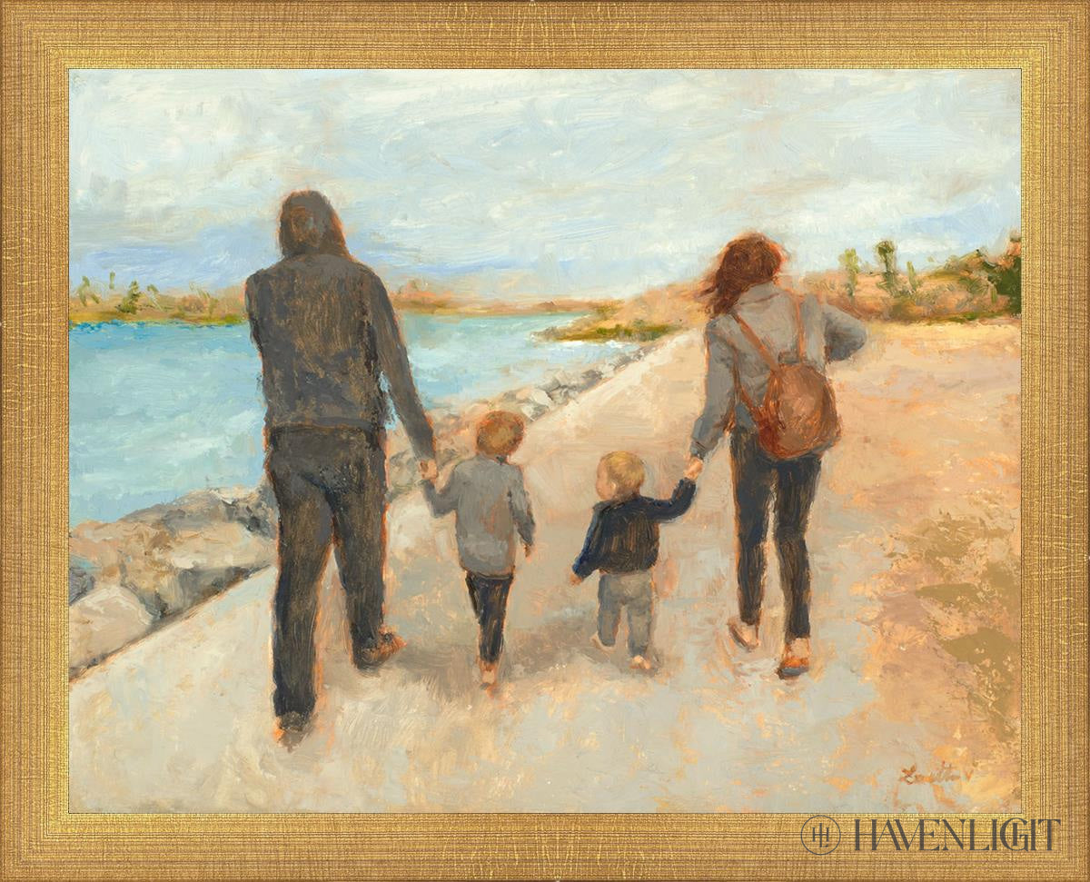 Family Walk On The Beach Open Edition Print / 14 X 11 Matte Gold 15 3/4 12 Art