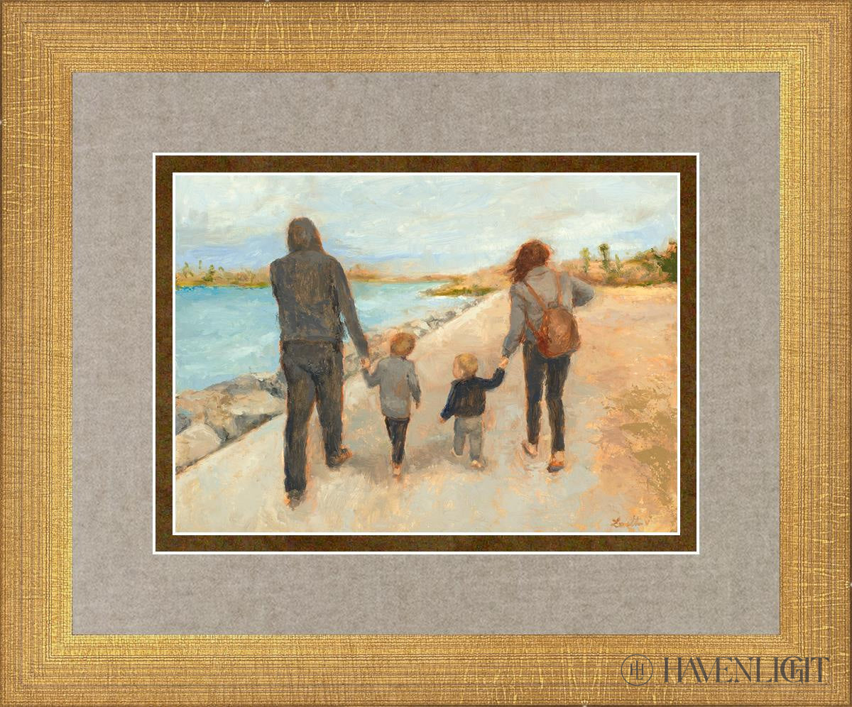 Family Walk On The Beach Open Edition Print / 7 X 5 Matte Gold 11 3/4 9 Art