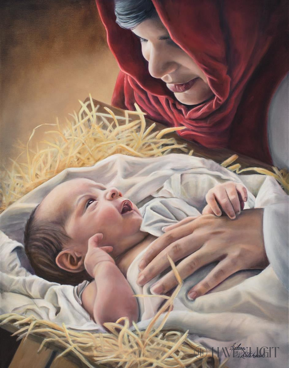 Love by Eileen Whitehead mary and baby jesus red hood jesus looking up ...