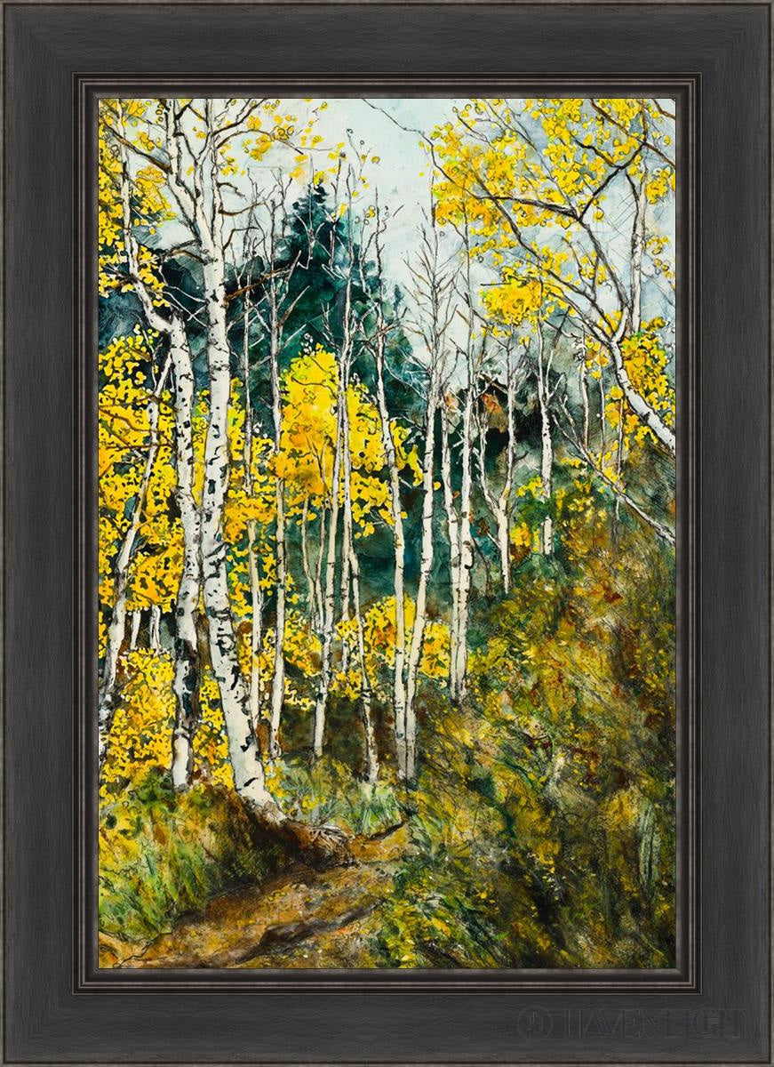 the golden wood by liz lindsay mountainside with aspen trees in