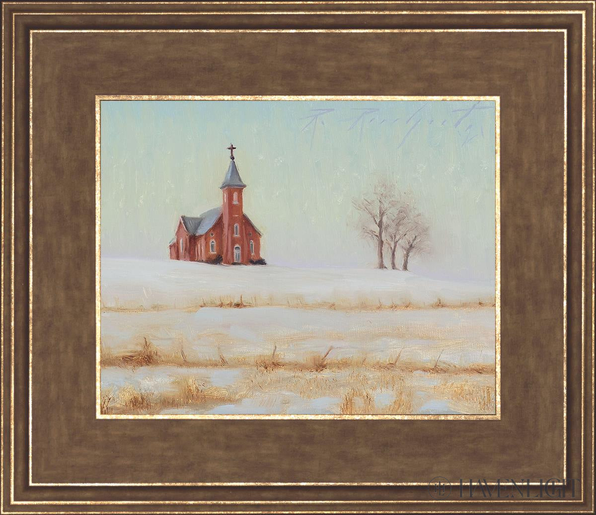 Three Trees And A Church Open Edition Print / 10 X 8 Gold 14 3/4 12 Art