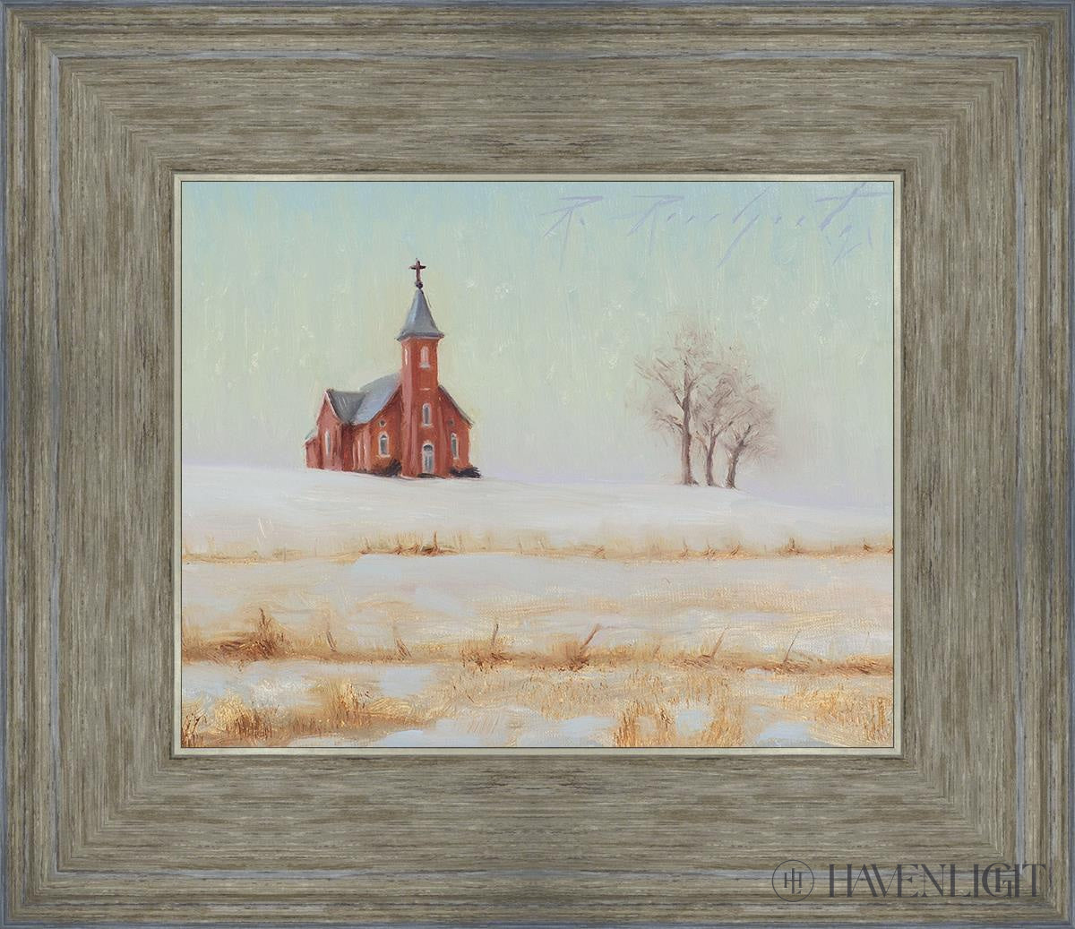 Three Trees And A Church Open Edition Print / 10 X 8 Gray 14 3/4 12 Art