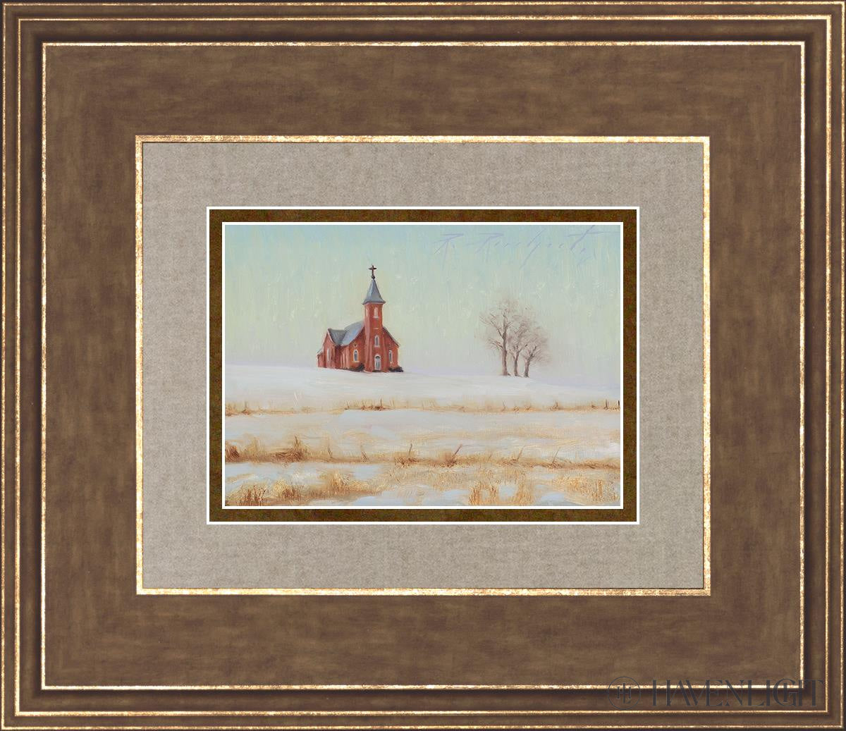 Three Trees And A Church Open Edition Print / 7 X 5 Gold 14 3/4 12 Art