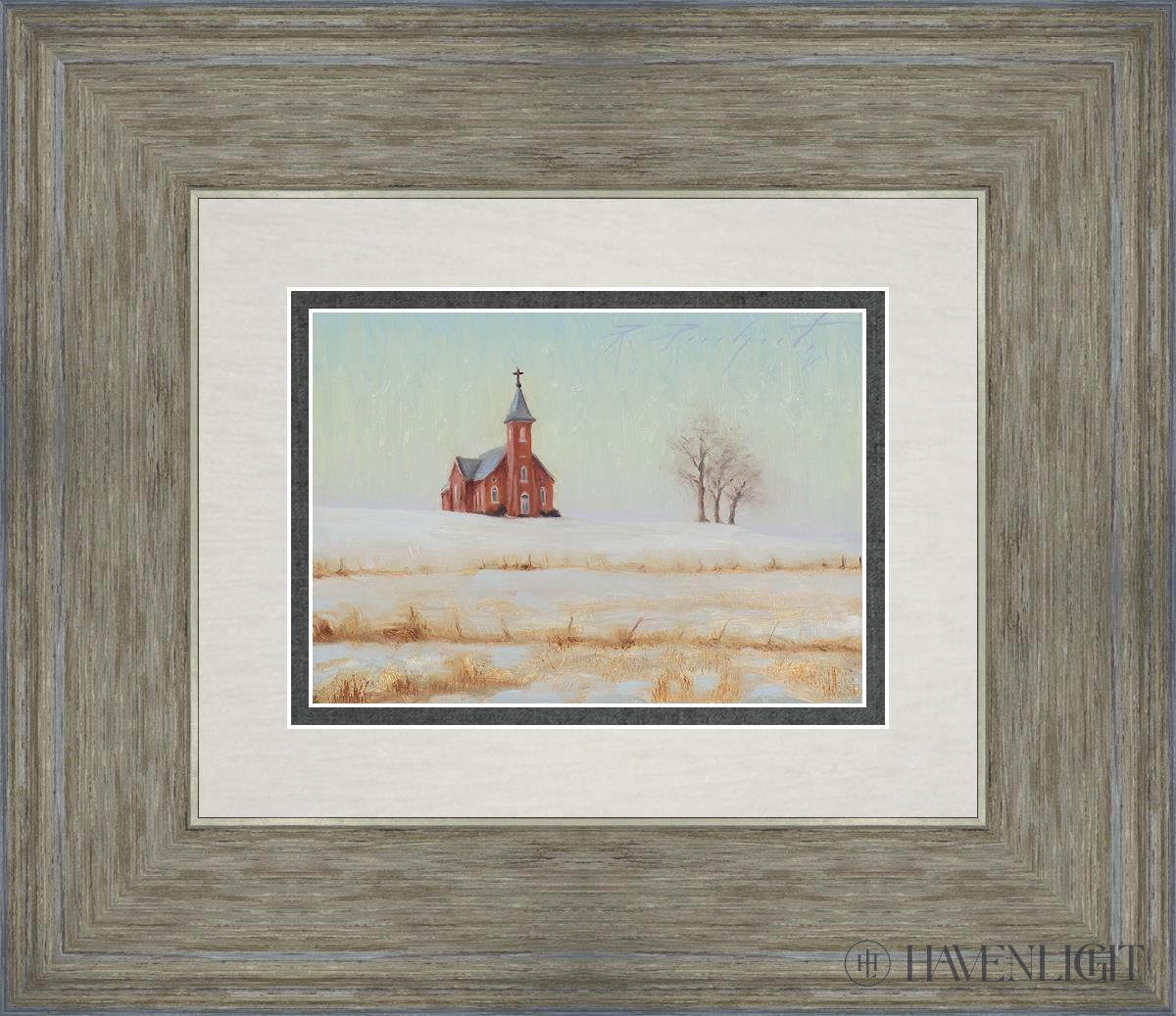 Three Trees And A Church Open Edition Print / 7 X 5 Gray 14 3/4 12 Art