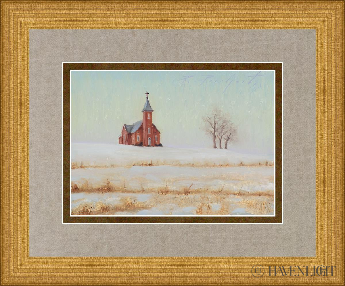 Three Trees And A Church Open Edition Print / 7 X 5 Matte Gold 11 3/4 9 Art
