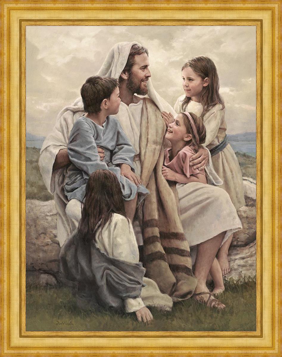 Perfect Love Large Art by Del Parson jesus christ with children sitting on  stone wall arms around children boy on his knee cloudy sky grass children –