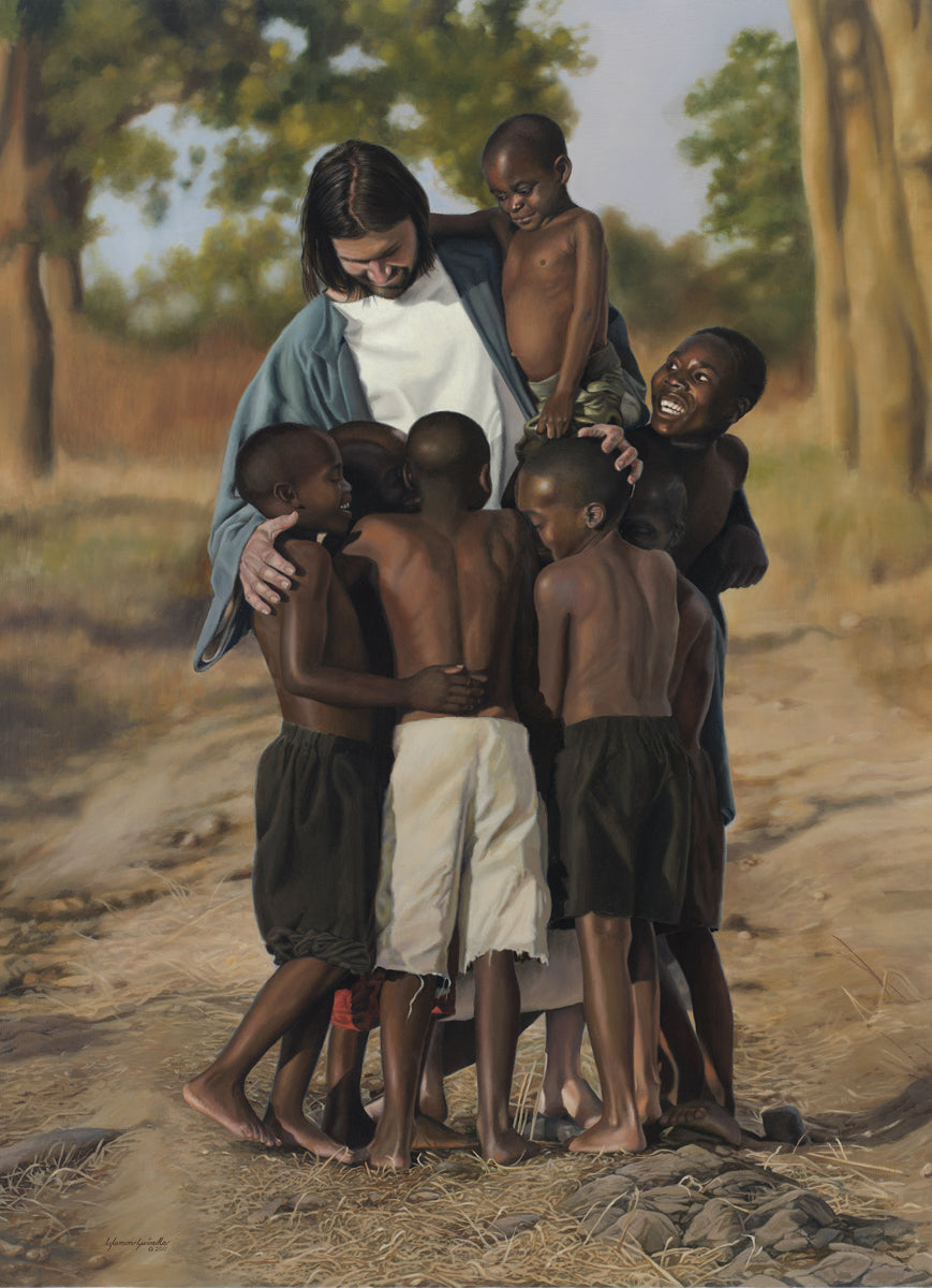 For All Mankind is a painting that depicts Jesus holding and hugging children from Africa - Liz Lemon Swindle | Havenlight | latter-day saint artwork