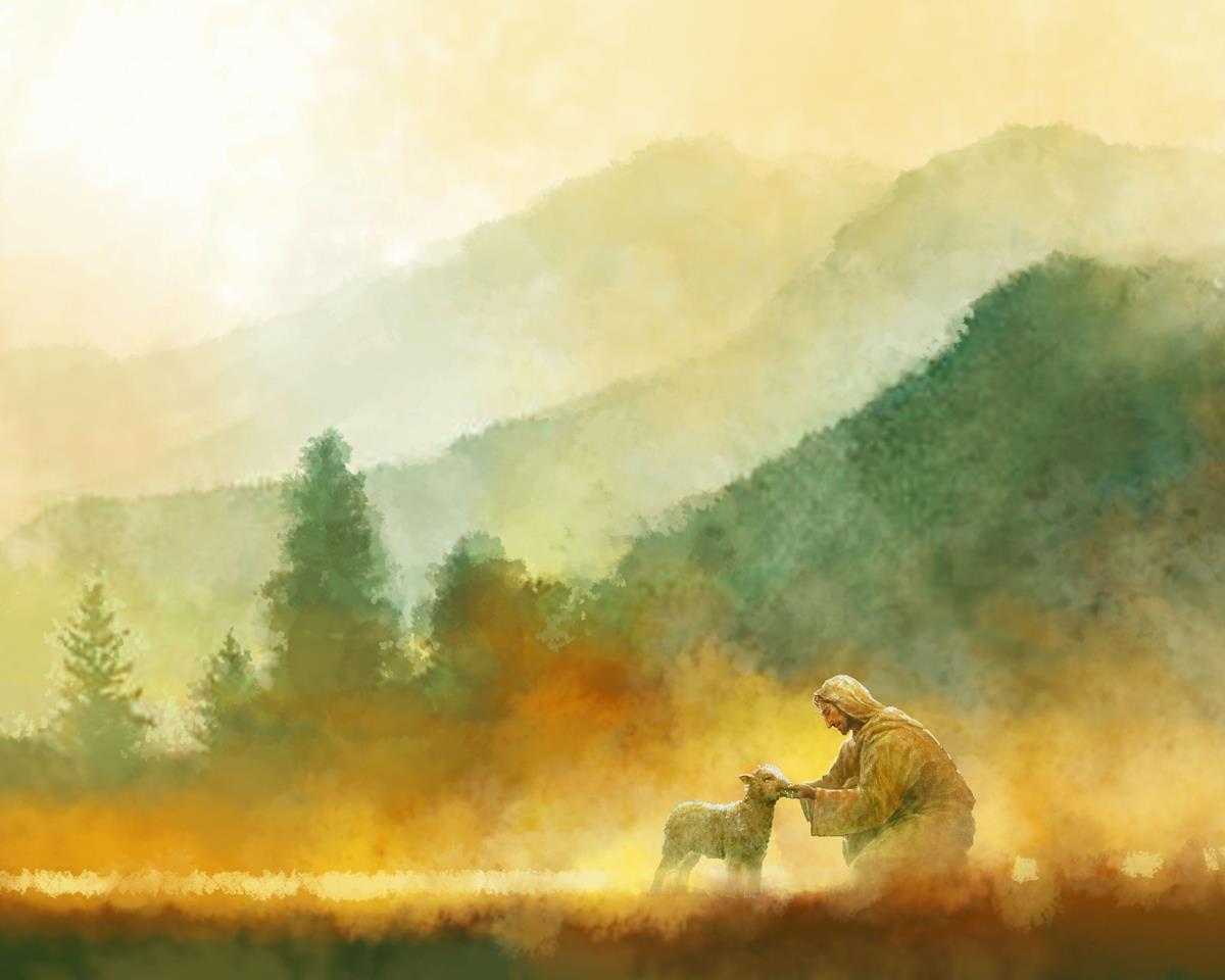 The Lost Sheep is a painting that depicts Jesus Christ saving a lost sheep in a field that has caught on fire - Yongsung Kim | Havenlight | Christian Artwork
