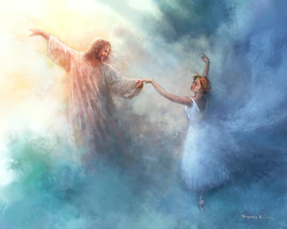 A Pas de Deux is a painting that depicts Jesus Christ dancing in the clouds with a ballerina - Yongsung Kim | Havenlight | Christian Artwork