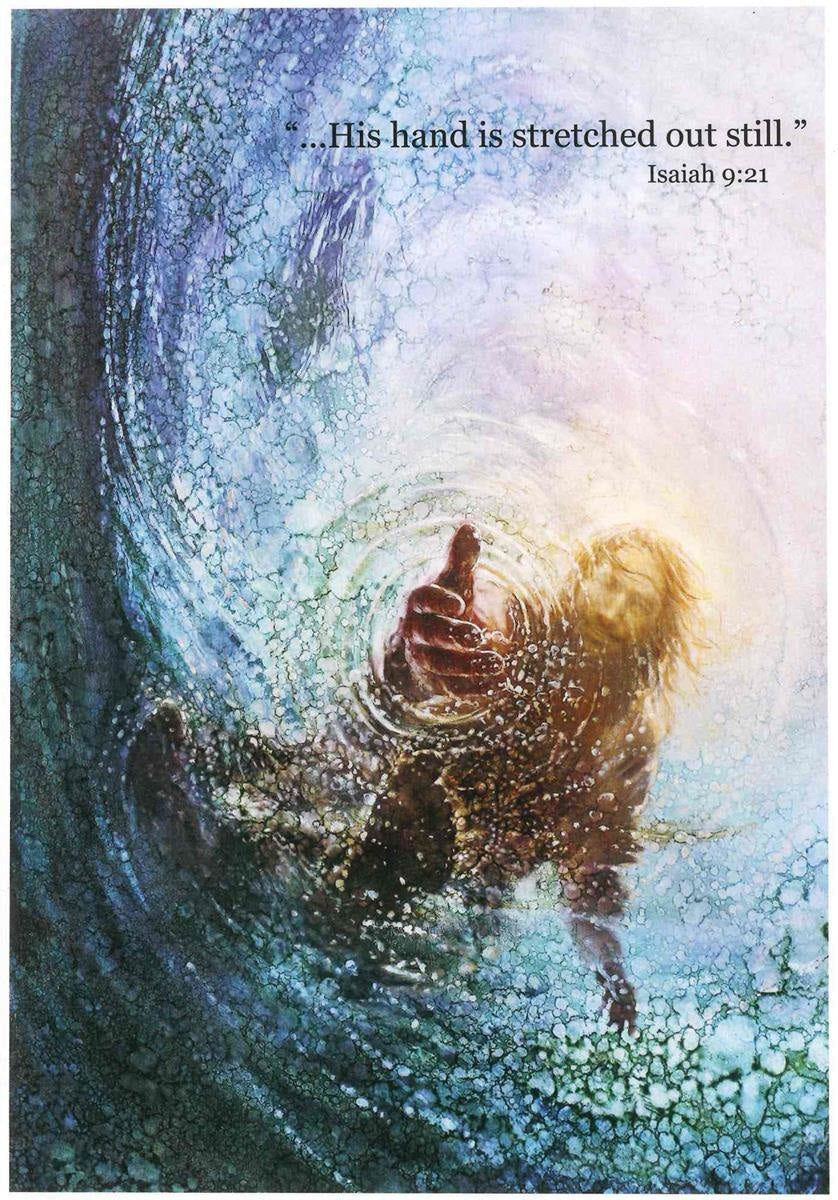 The Hand of God painting depicts Jesus reaching into the water to save Peter - Yongsung Kim | Havenlight | Christian Artwork