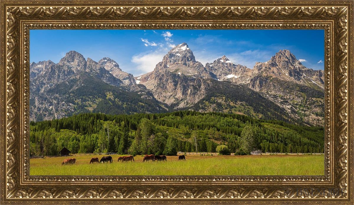 Panorama Of Grand Teton Mountain Range Wyoming Open Edition Canvas / 30 X 15 Gold 35 3/4 20 Art