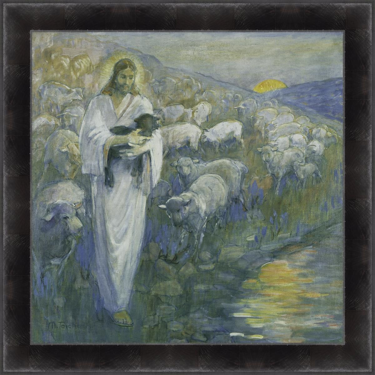 Rescue Of The Lost Lamb Large Wall Art Open Edition Canvas / 40 X Dark Olive 48