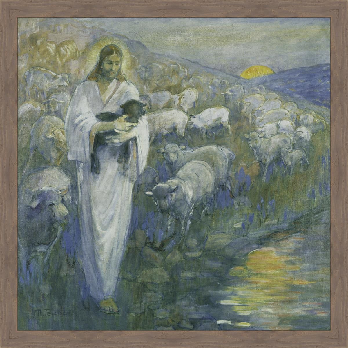 Rescue Of The Lost Lamb Large Wall Art Open Edition Canvas / 40 X Light Brown Wood Grain 44 1/4