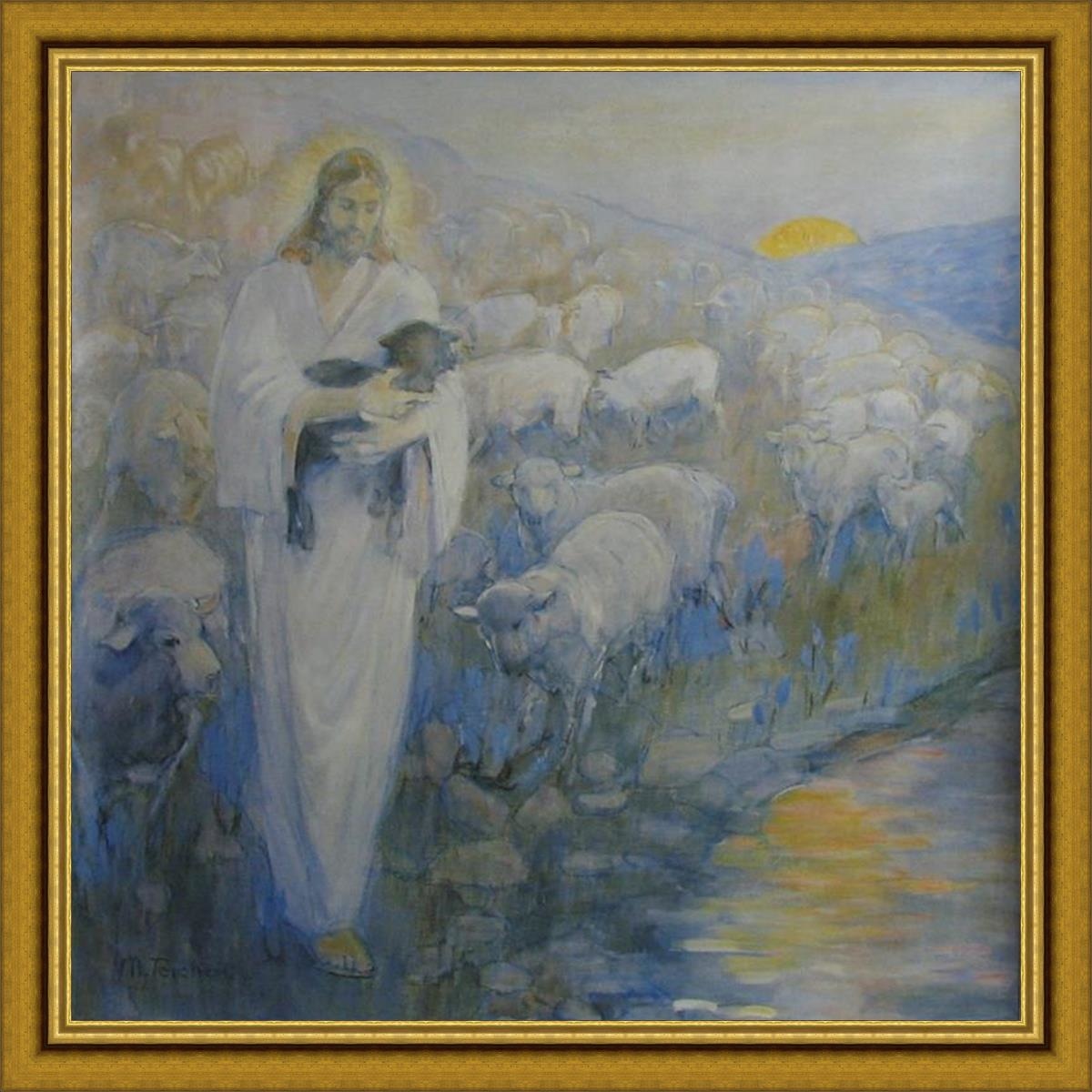Rescue Of The Lost Lamb Large Wall Art Open Edition Canvas / 48 X Classic Gold 55