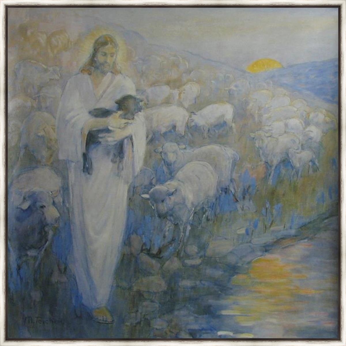 Rescue Of The Lost Lamb Large Wall Art Open Edition Canvas / 48 X Contemporary Silver 50