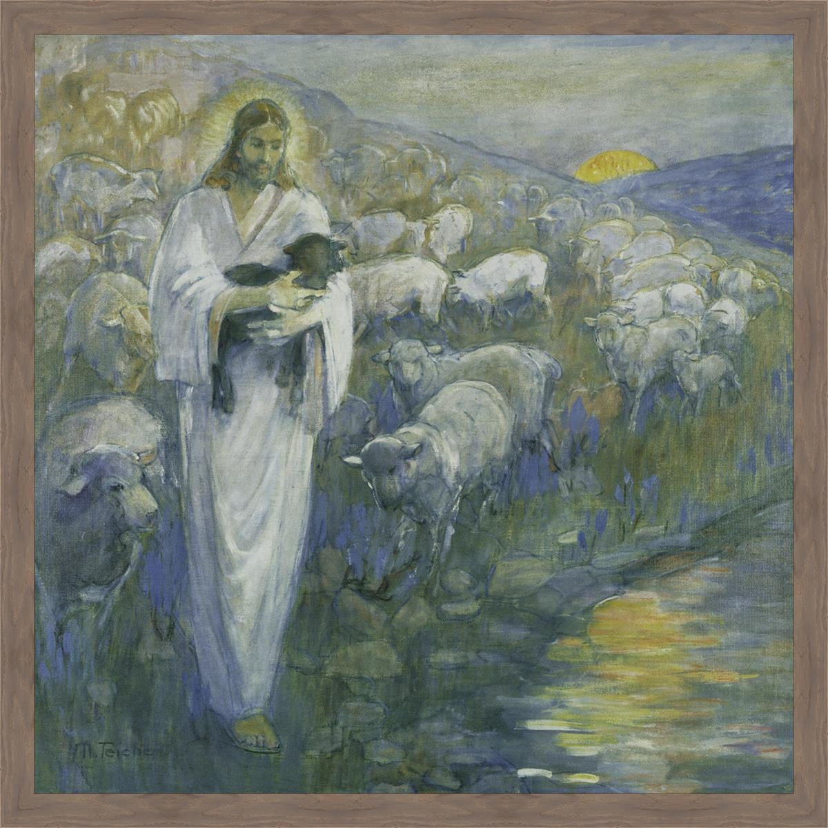 Rescue Of The Lost Lamb Large Wall Art Open Edition Canvas / 50 X Light Brown Wood Grain 54 1/4