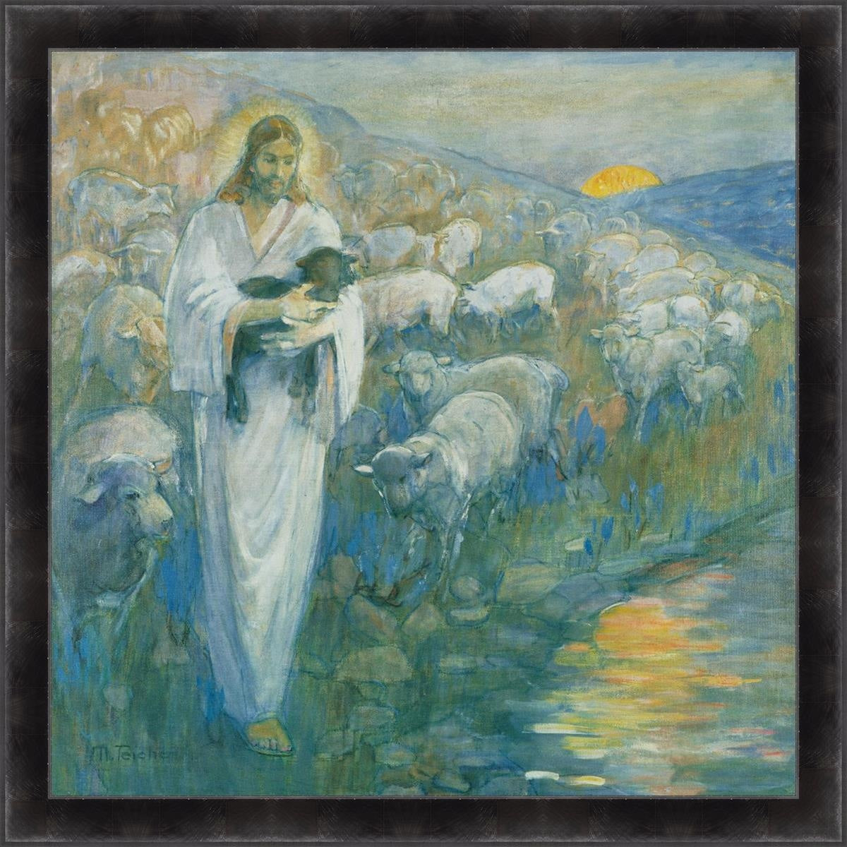 Rescue Of The Lost Lamb Large Wall Art Open Edition Canvas / 60 X Dark Olive 68