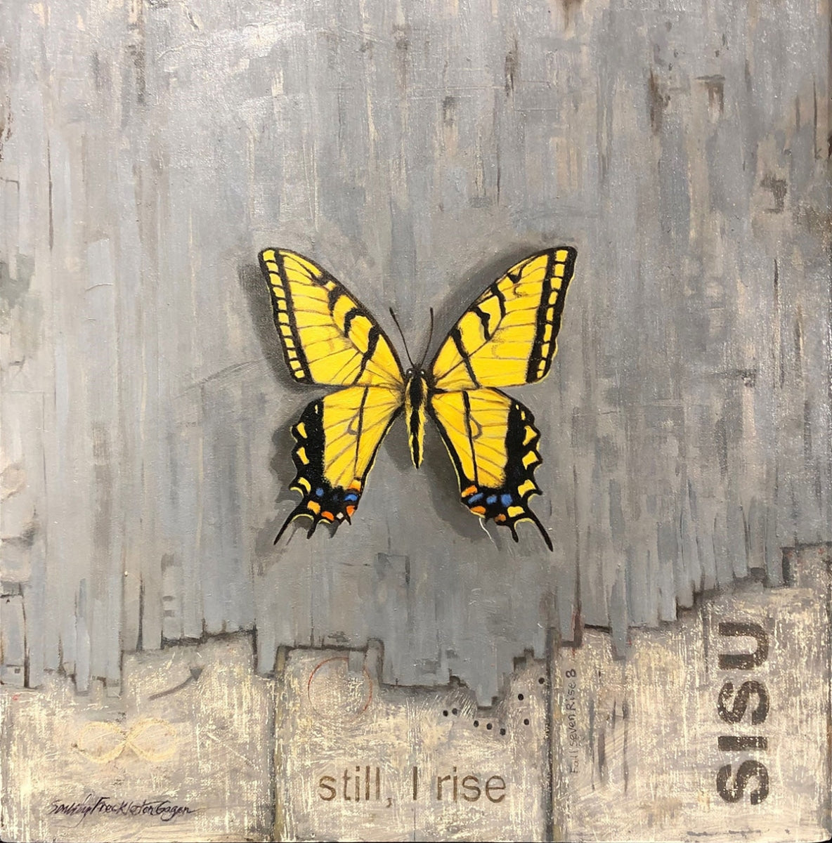 “SISU” Original Artwork by Sandy Freckleton Gagon Yellow butterfly gray ...