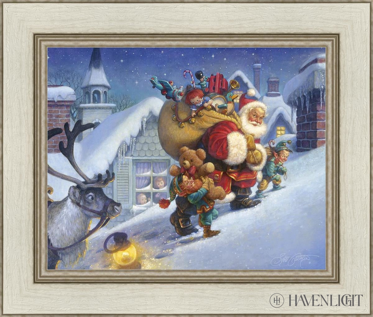 Scott Gustafsons Up on the Rooftop captures Santa, carrying a huge 
