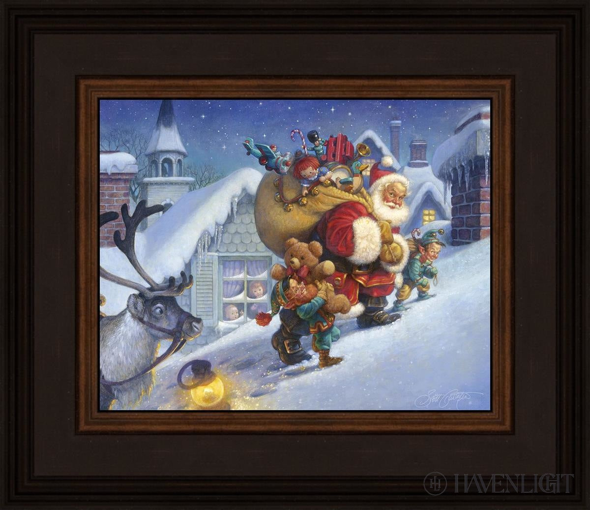 Scott Gustafsons Up on the Rooftop captures Santa, carrying a huge 
