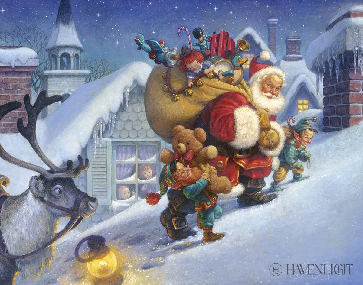 Scott Gustafsons Up on the Rooftop captures Santa, carrying a huge 