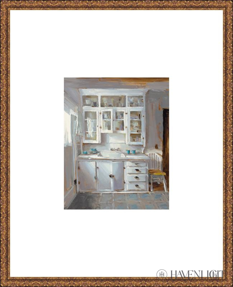 Vintage Kitchen Open Edition Print / 8 X 10 Matted Gold Lace Frame 17 1/4 21 Art