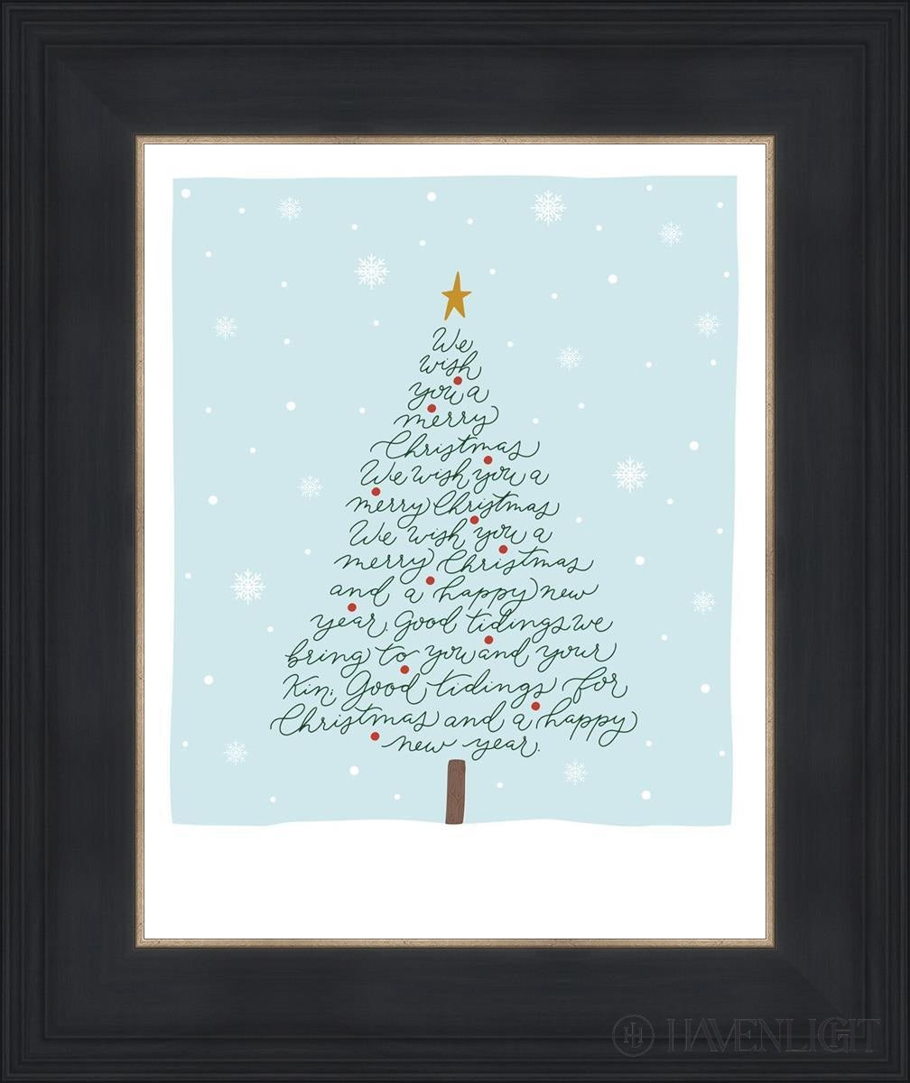 We Wish You A Merry Christmas by Elise Gomez Christmas tree formed by the  words of the song Gold star on top Snow flakes light blue background –